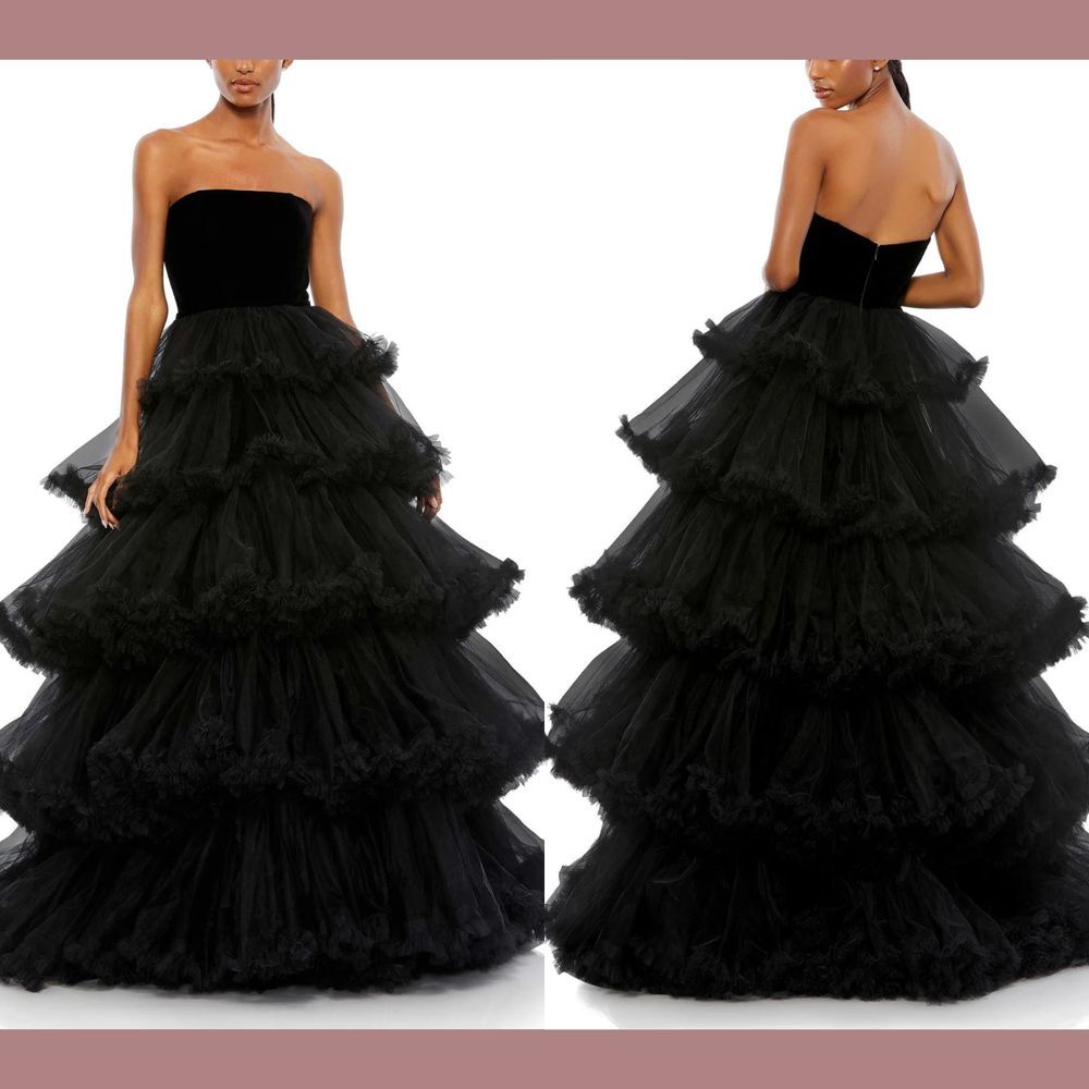 NWT $1198 Mac Duggal‎ [ 12 ] Strapless Tiered Ruffle Ballgown Gown Black #G1703